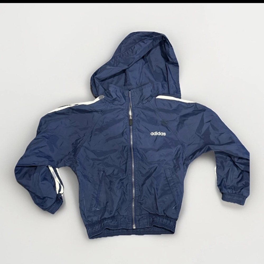 Adidas Kids Small Blue Nylon Hooded Windbreaker Jacket White Stripes I Vintage
